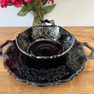 Vintage Black Amethyst Etched Glass Bowl and‎ Plate Set Elegant Art Deco Serving